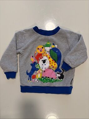 Marimekko Grey Kids Sweatshirt with Colorful Animal Print and Blue Trim